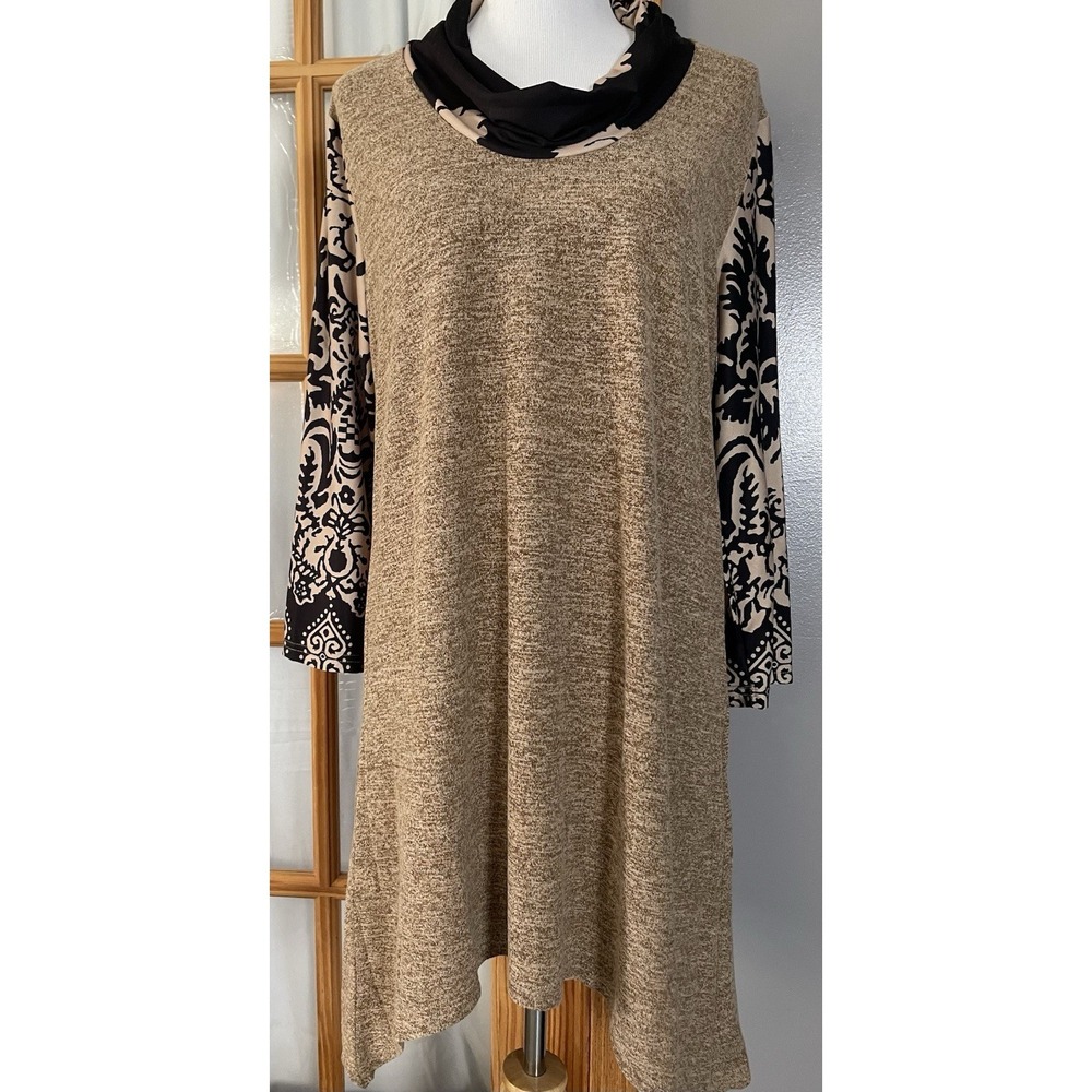 Aster By Firmiana Cowl Neck Tunic Top Sz L Baroque Beige Handkerchief Hem
